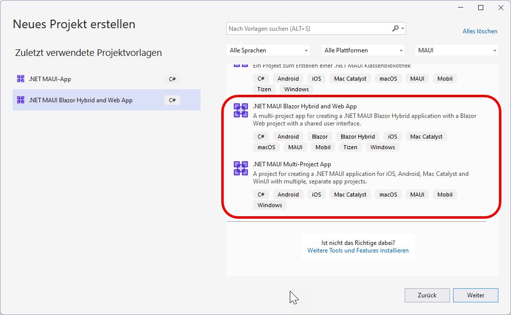 Abb. 4: .NET MAUI 9 bringt zwei neue Projektvorlagen mit