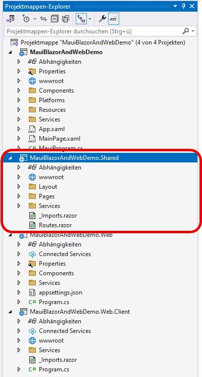 Abb. 5: Die Struktur einer „.NET MAUI Blazor Hybrid and Web App“ bringt eine Razor-Klassenbibliothek für gemeinsam genutzten Quellcode mit