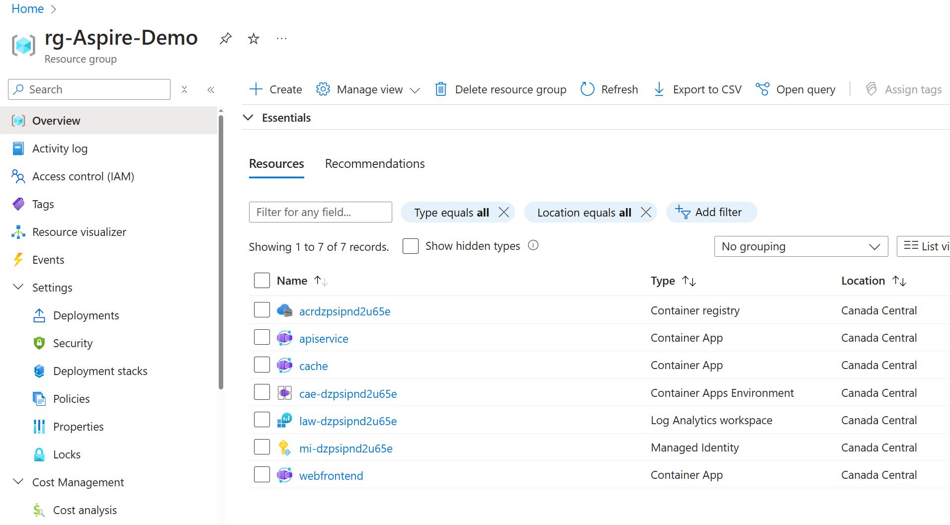 Alle erstellten Ressourcen im Azure Portal