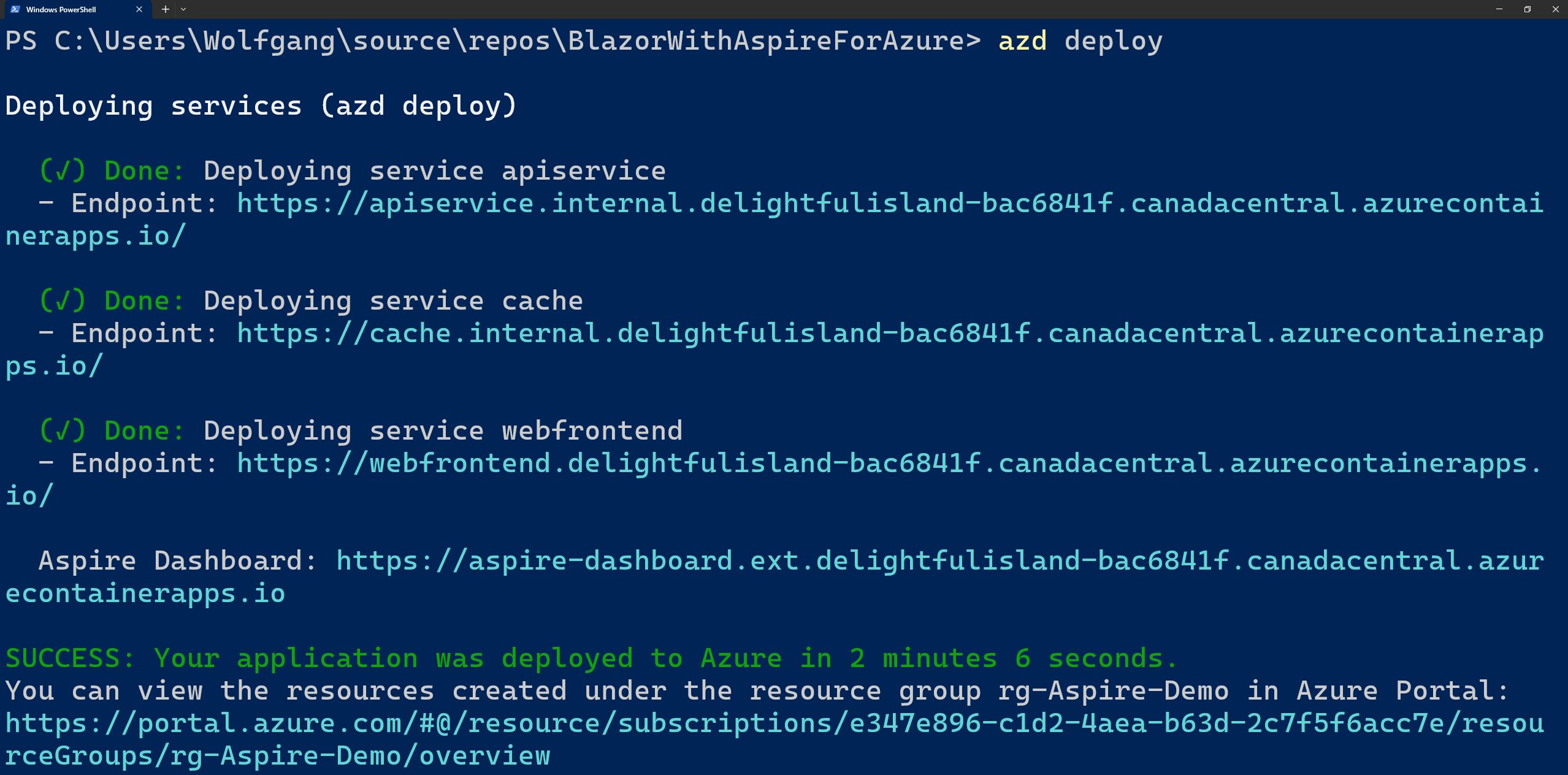 Die Anwendungen und das Aspire-Dashboard wurden deployed