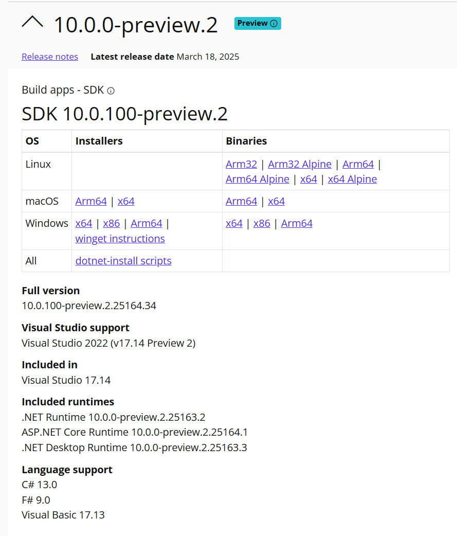 Screenshot der offiziellen .NET 10.0-Downloadseite mit Informationen zur Vorschauversion 10.0.100-preview.2