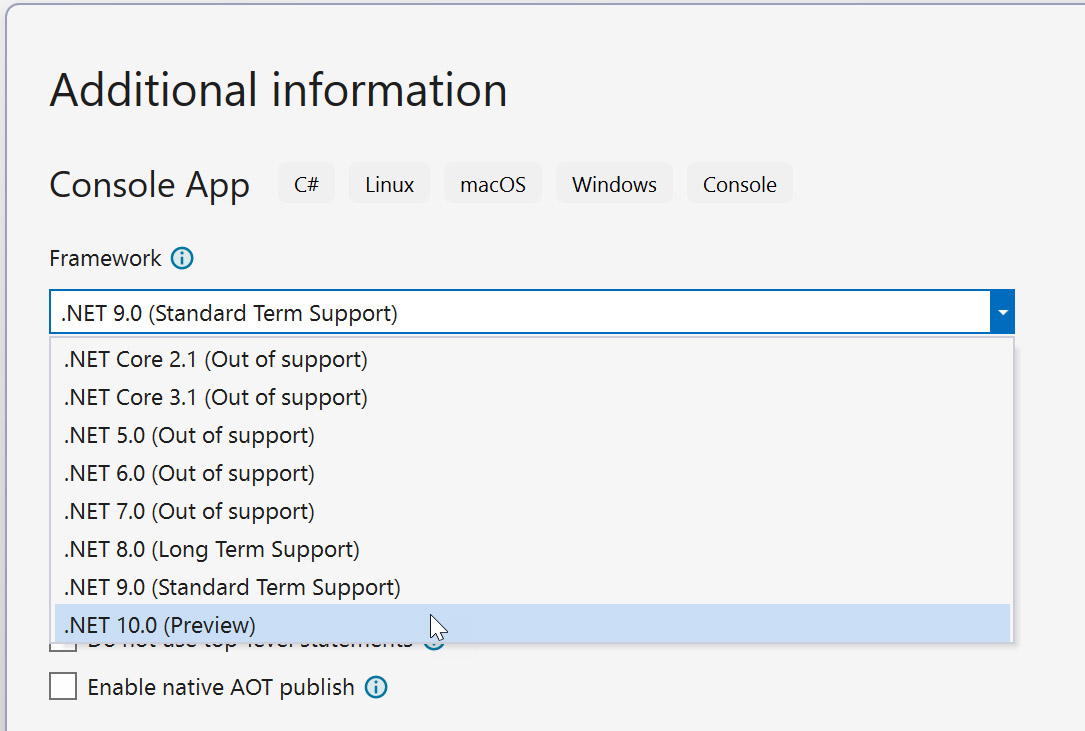 Visual Studio 2022 (17.14 Preview 2) zeigt .NET 10.0 als auswählbares Ziel-Framework für neue Projekte
