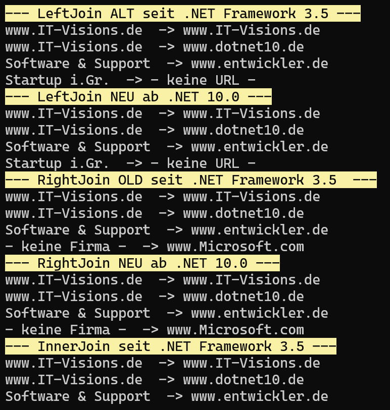 Terminalausgabe mit verschiedenen Join-Arten in .NET: LeftJoin, RightJoin und InnerJoin mit historischer Einordnung