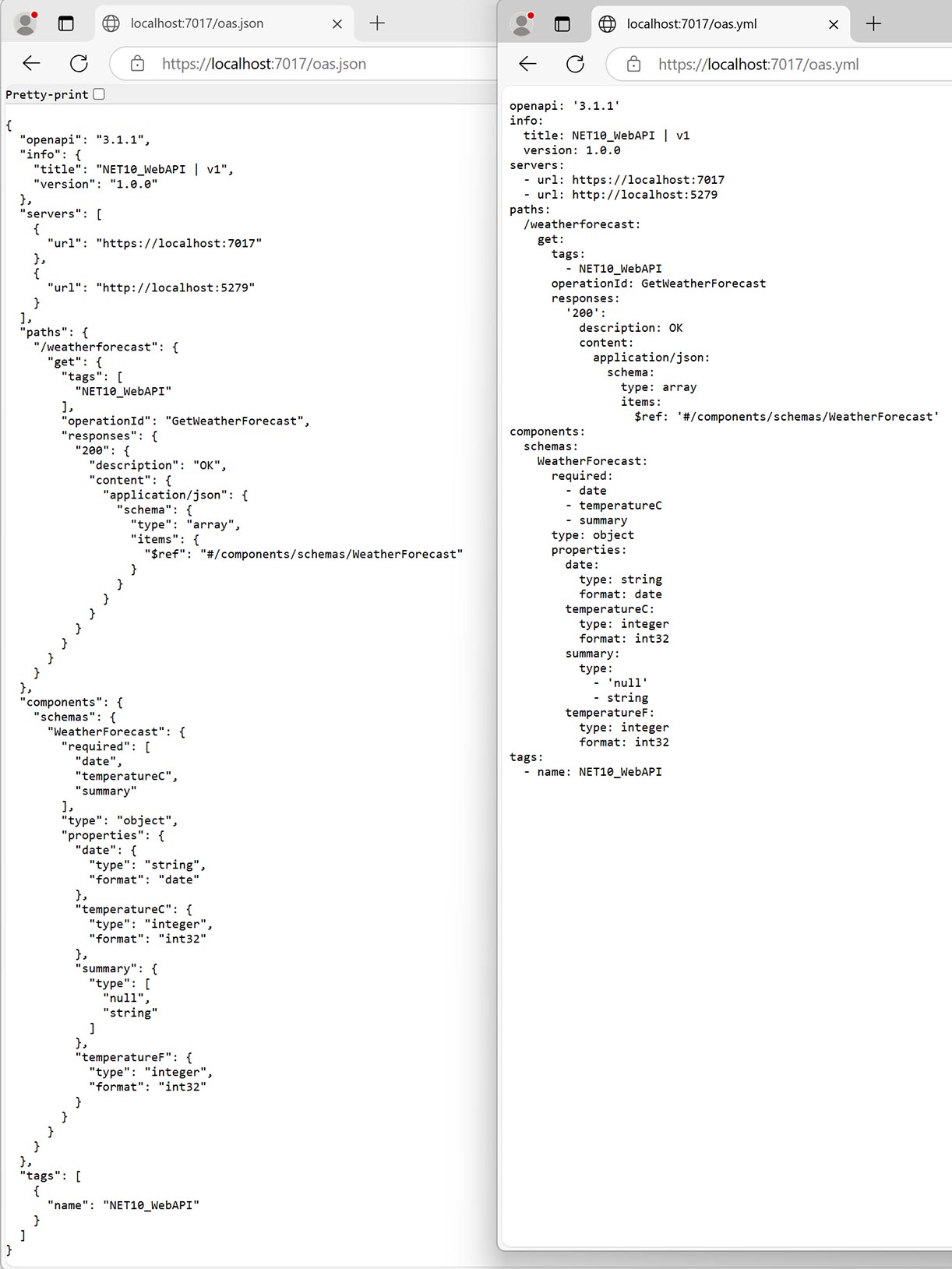 Vergleich eines OpenAPI-3.1-Dokuments im JSON-Format (links) und YAML-Format (rechts), basierend auf derselben API-Struktur