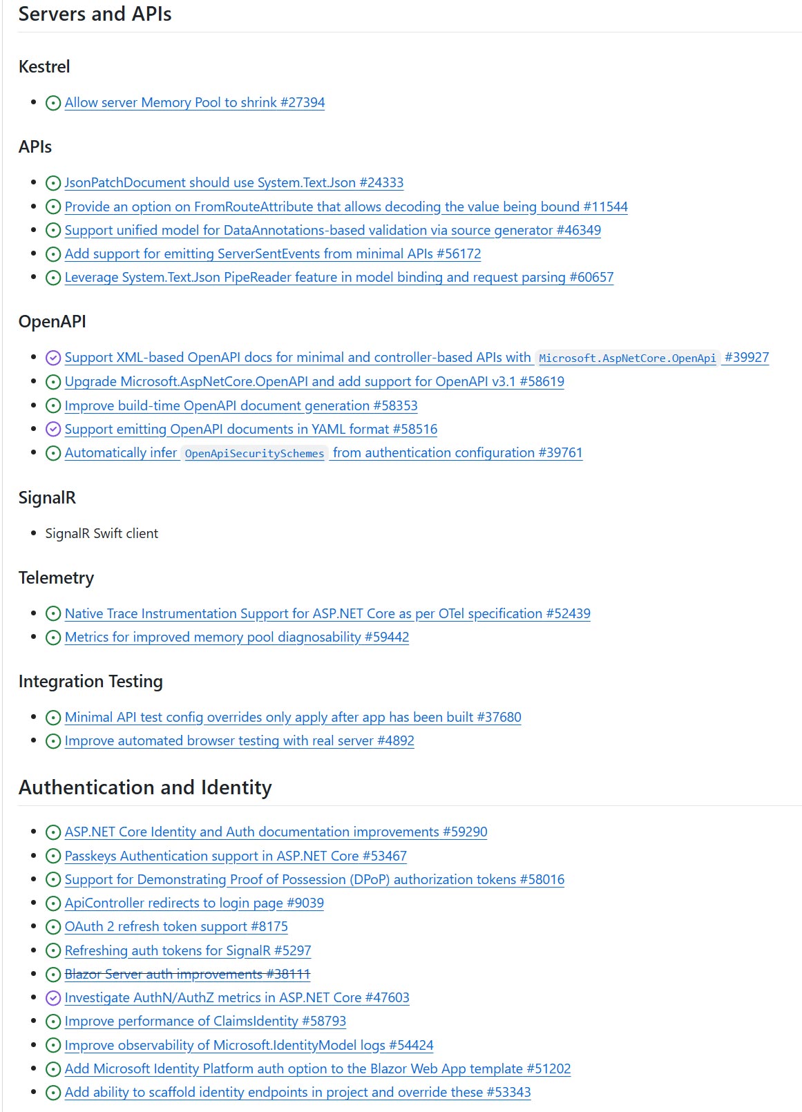 Auflistung geplanter Verbesserungen für ASP.NET Core WebAPIs, OpenAPI-Dokumentation und den Kestrel-Webserver
