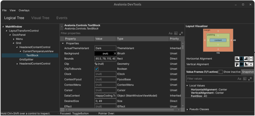 Screenshot der Avalonia DevTools mit Ansicht des Logical Tree, Property Inspector und Layout Visualizer.