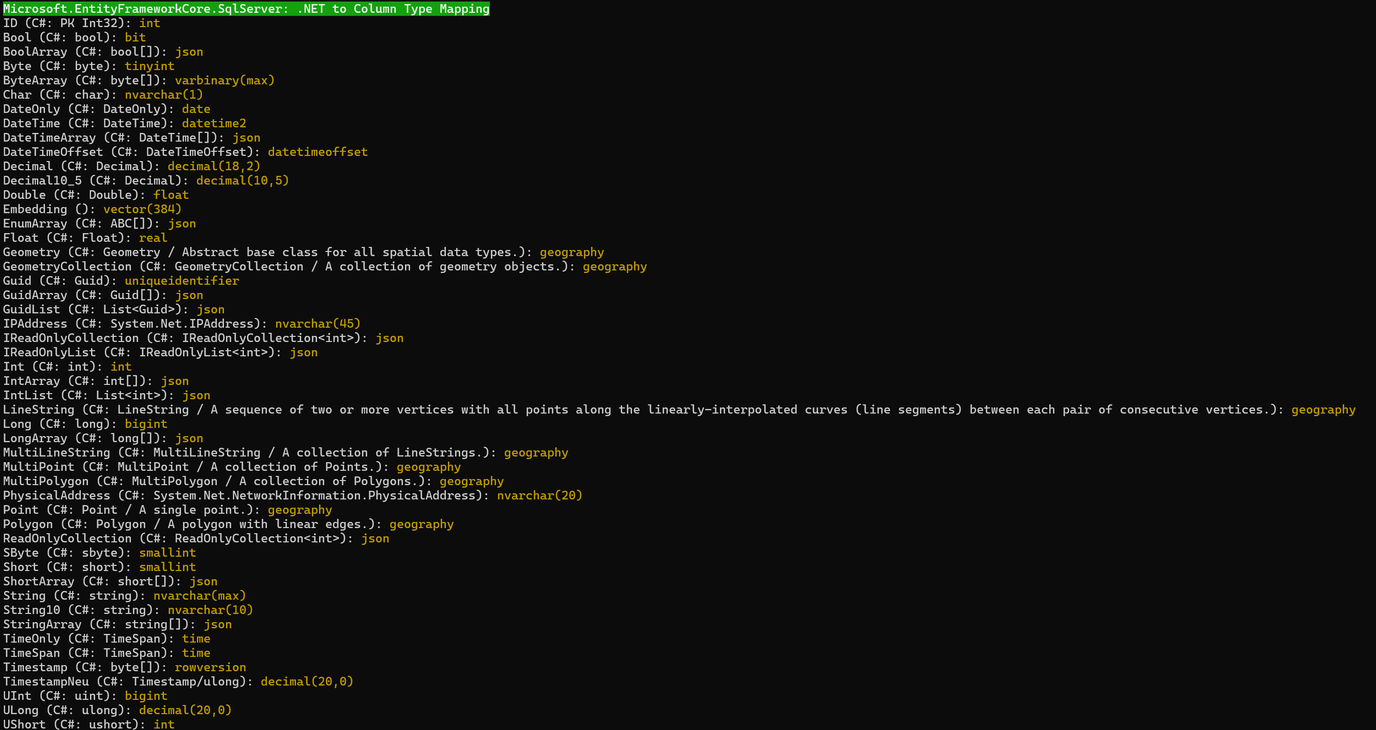 Datentyp-Mapping bei EF Core 10.0 mit SQL Server 2025 im Kompatibilitätslevel 170 – jetzt mit nativer JSON-Spaltenunterstützung.