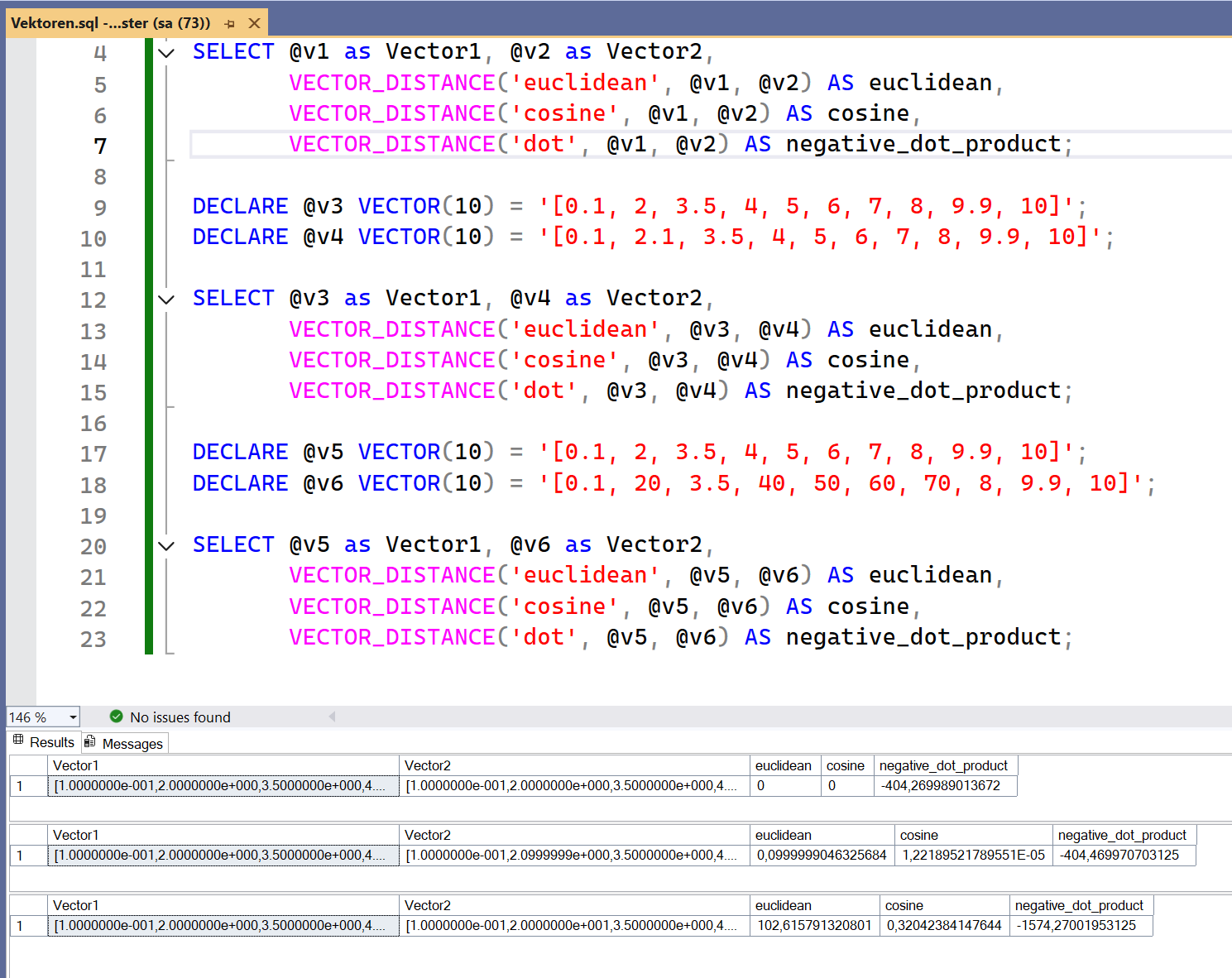 Vergleich der VECTOR_DISTANCE-Funktion in SQL Server 2025 mit den Metriken cosine, euclidean und dot.