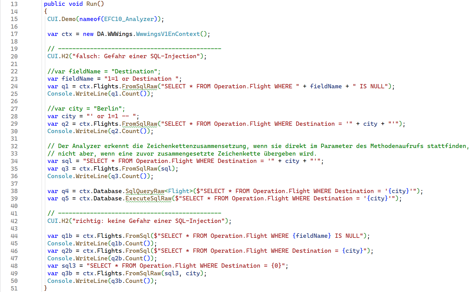 EF Core Analyzer warnt bei potenzieller SQL-Injection durch dynamisch zusammengesetzte SQL-Strings.