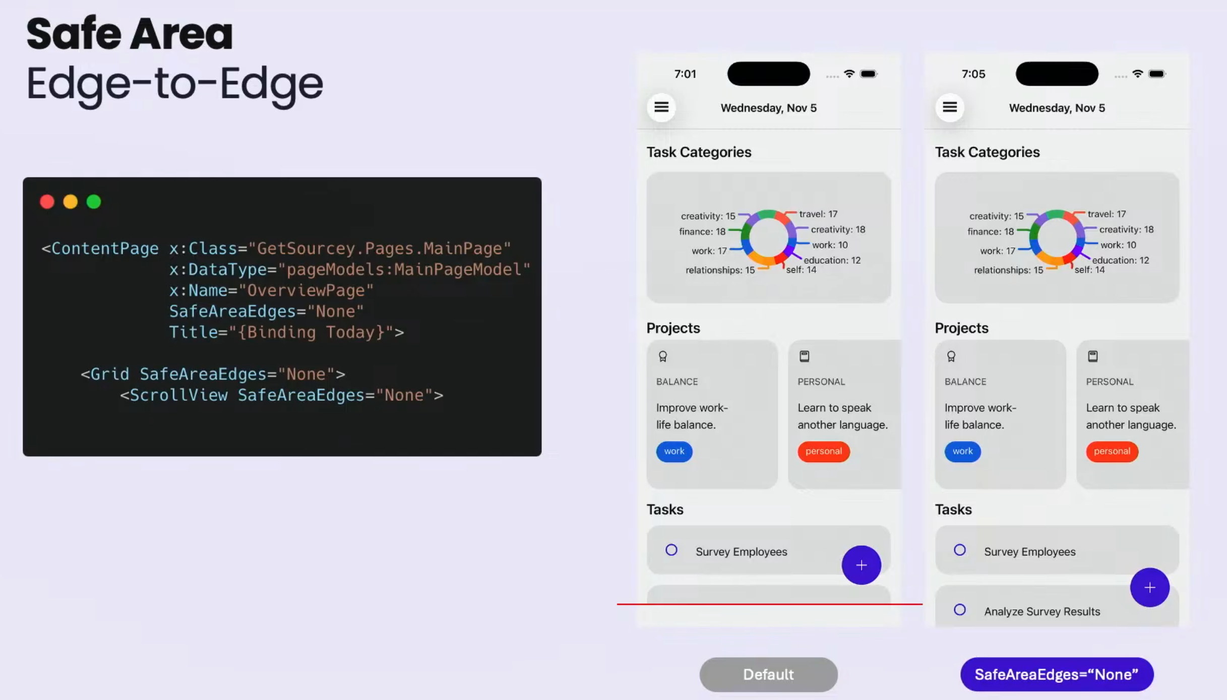 Darstellung der SafeAreaEdges-Eigenschaft in .NET MAUI mit Codebeispiel und UI-Auswirkung auf Android/iOS.