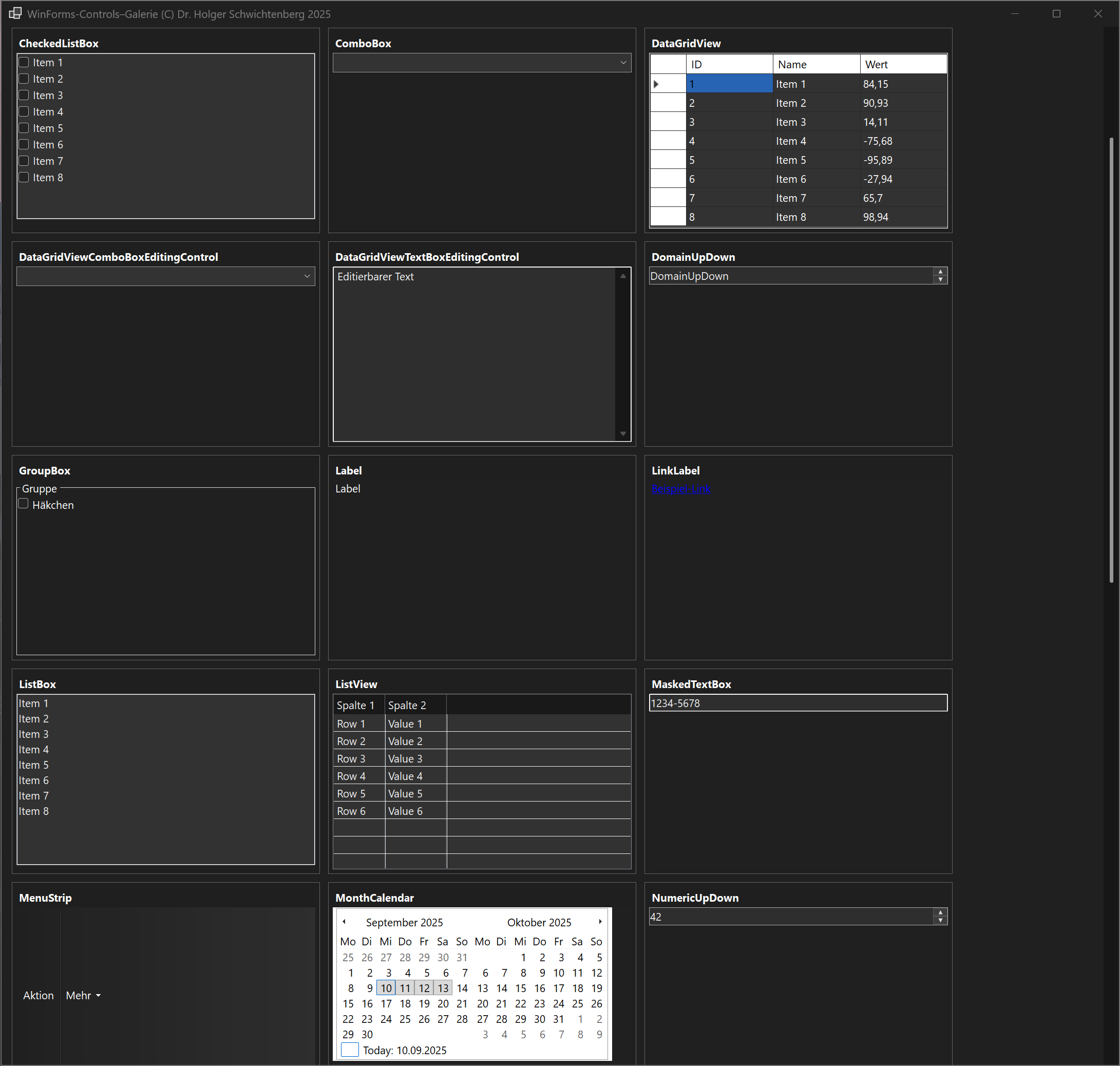 Dark Mode in Windows Forms unter .NET 10.0 – zahlreiche Steuerelemente in dunklem UI-Design.