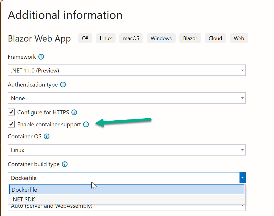 Blazor Web App Projektvorlage in Visual Studio mit aktivierter Container-Unterstützung für Docker