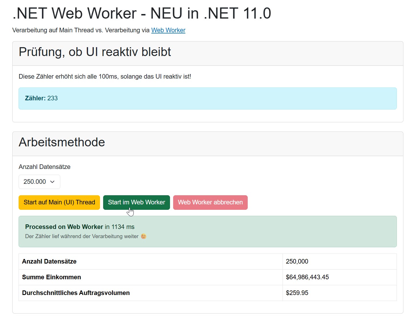 Vergleich der Verarbeitung im Main Thread und im Web Worker in einer Blazor-Anwendung mit reaktiver Benutzeroberfläche