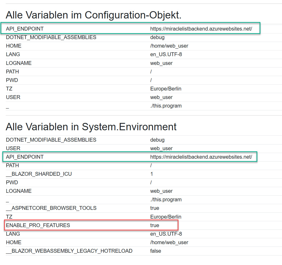 Anzeige von Umgebungsvariablen im Configuration-Objekt und in System.Environment in einer Blazor WebAssembly-Anwendung