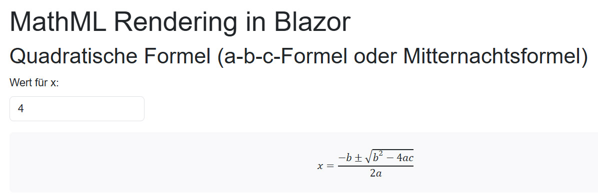 Darstellung der quadratischen Formel mit MathML in einer Blazor-Webanwendung