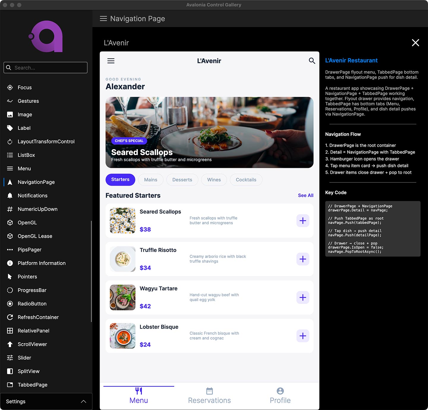 Avalonia Control Catalog mit der Beispiel-App „L’Avenir“, die DrawerPage, TabbedPage und NavigationPage kombiniert