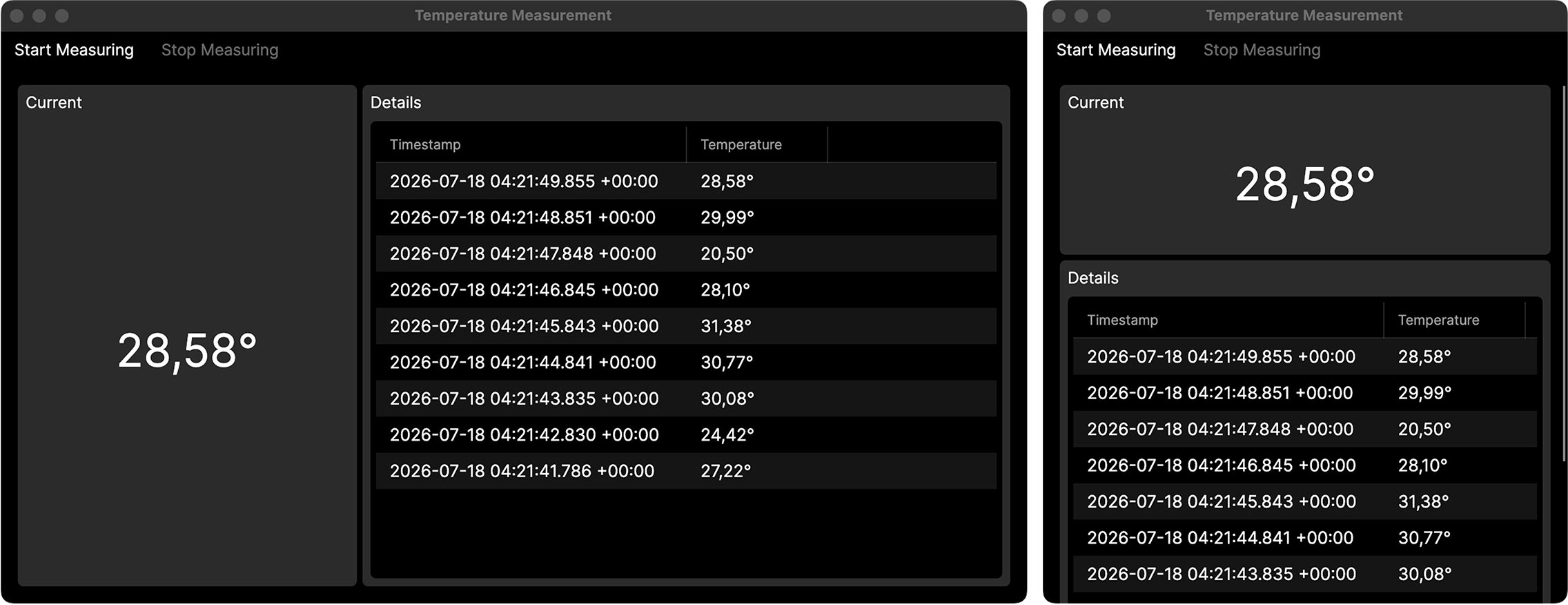 Responsive Avalonia-Oberfläche mit Container-Querys: Temperaturanzeige und Detailtabelle in breitem und schmalem Fensterlayout