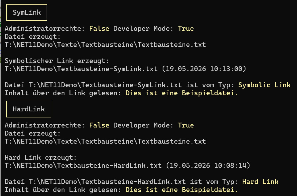 Konsolenausgabe eines .NET-11-Beispiels zum Erstellen von Symbolic Link und Hard Link ohne Administratorrechte